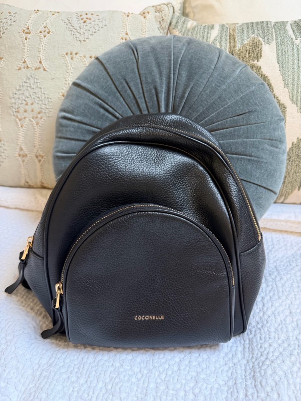 Coccinelle Black Leather Backpack - Pebbled Leather with Gold Hardware